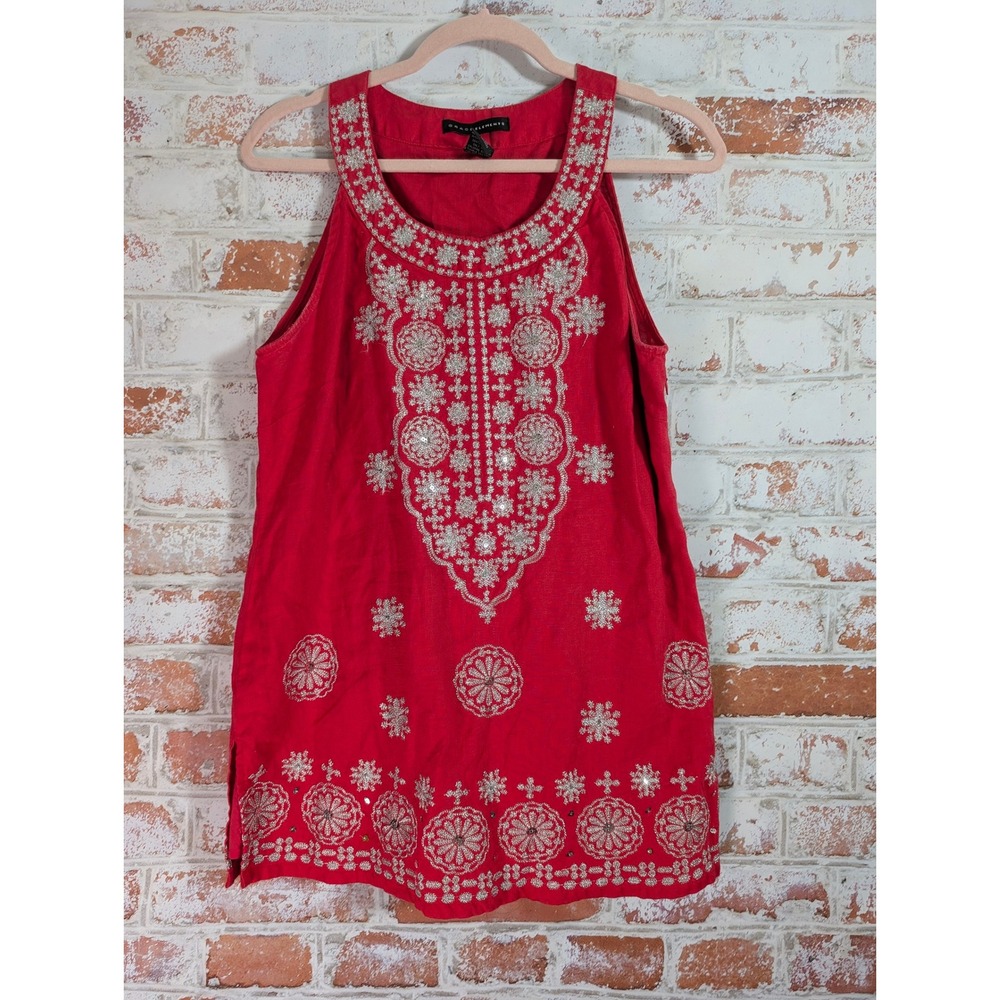Grace Elements LINEN Tank Women L Red Embroidered Sequin Sleeveless Tunic